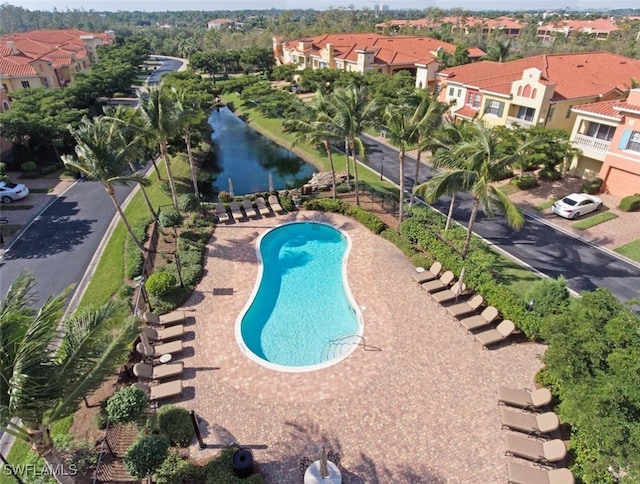 view of pool with a patio area and a water view