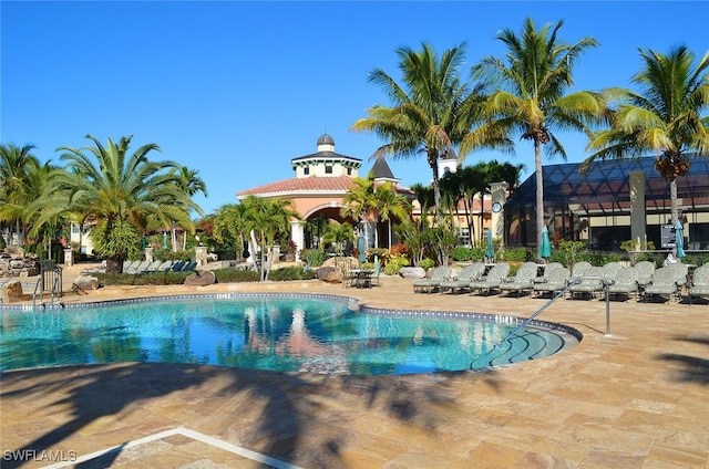 view of pool featuring a patio