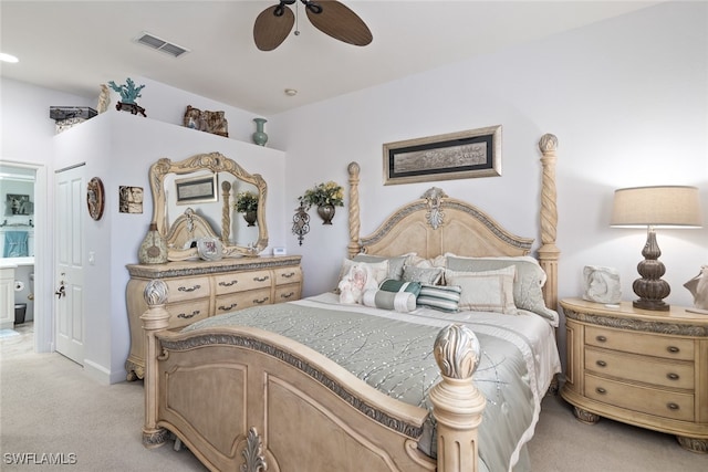 bedroom with light carpet and ceiling fan