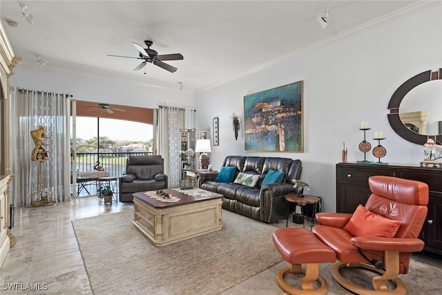 living room with crown molding and ceiling fan