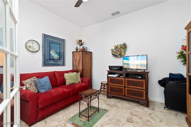 living room with ceiling fan