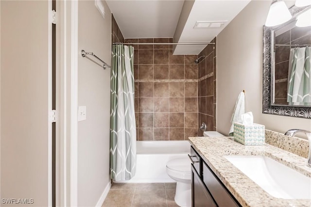 full bathroom with vanity, shower / tub combo, tile patterned floors, and toilet