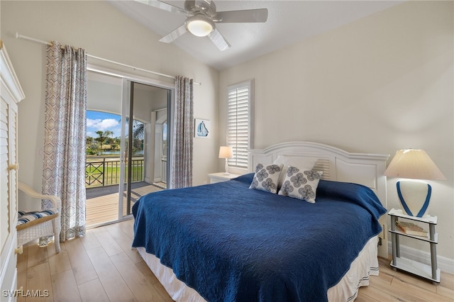 bedroom featuring access to outside, ceiling fan, and light wood-type flooring