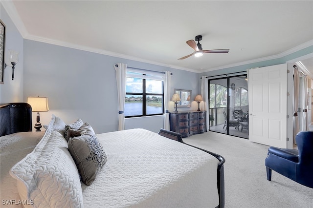 carpeted bedroom with a water view, crown molding, access to exterior, and ceiling fan