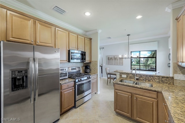 kitchen with appliances with stainless steel finishes, ornamental molding, light stone countertops, and sink