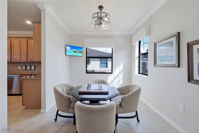 tiled dining room with crown molding