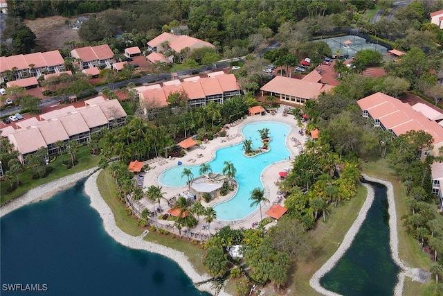 aerial view featuring a water view