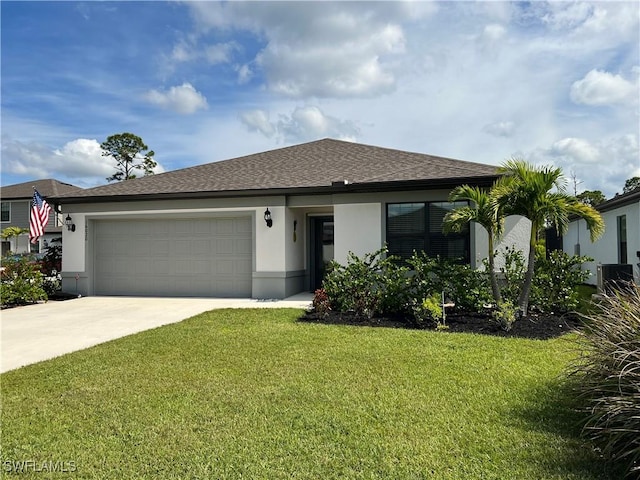 view of front facade with a shingled roof, stucco siding, a front lawn, concrete driveway, and a garage