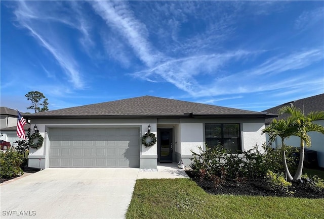 ranch-style home with a garage and a front lawn