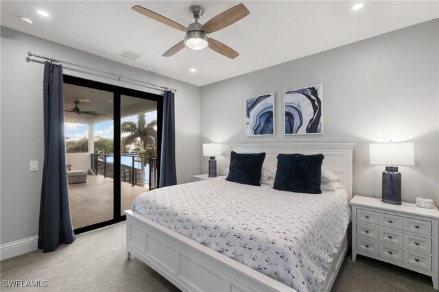 carpeted bedroom featuring access to exterior and ceiling fan