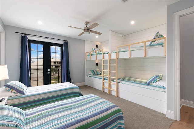 bedroom with french doors and ceiling fan