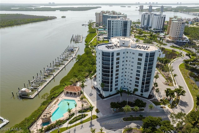 aerial view featuring a water view