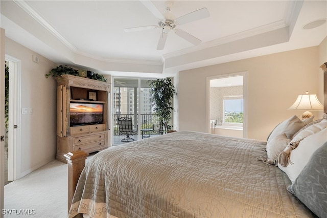 bedroom featuring access to outside, crown molding, ceiling fan, a raised ceiling, and light carpet