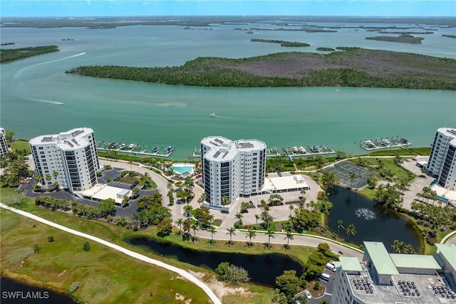 bird's eye view with a water view