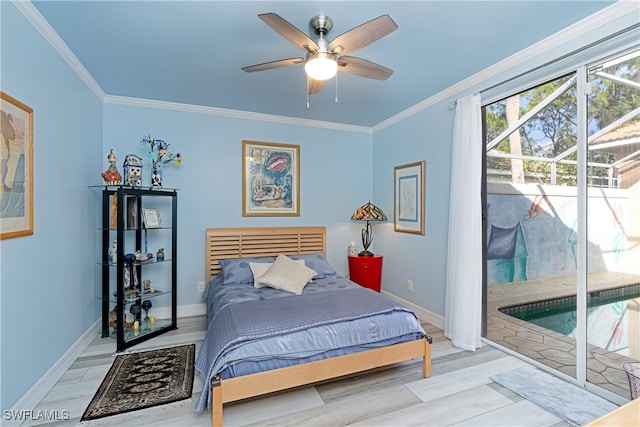 bedroom with light hardwood / wood-style floors, ceiling fan, crown molding, and access to outside