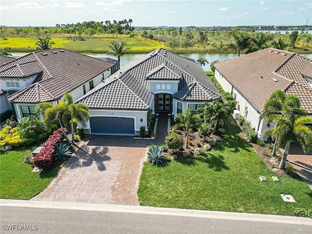 aerial view featuring a water view