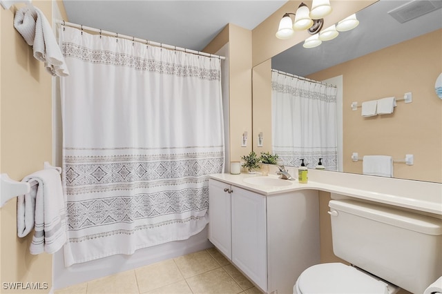 full bathroom featuring vanity, shower / bath combo, toilet, and tile patterned flooring