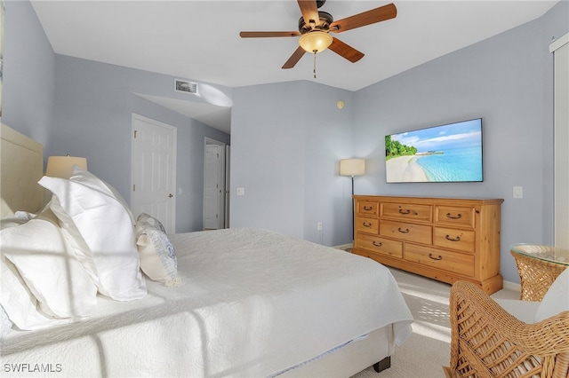 bedroom with light colored carpet and ceiling fan