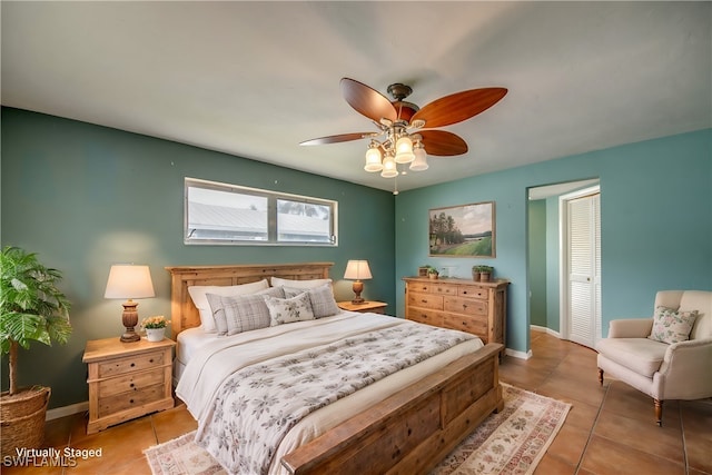 bedroom featuring light tile patterned flooring, a closet, and ceiling fan