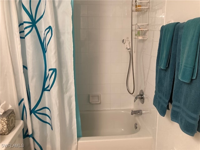 full bathroom with shower / bathtub combination with curtain