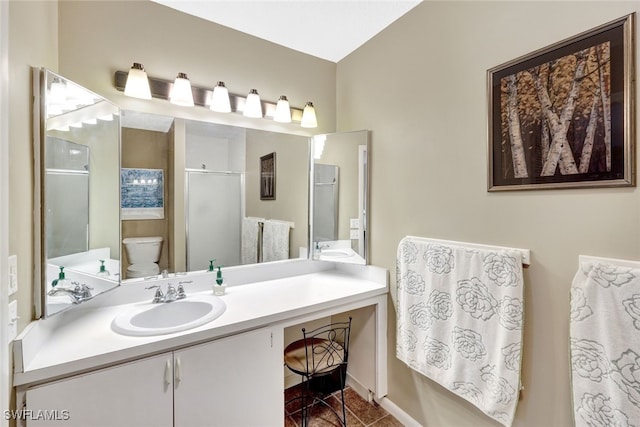 bathroom featuring vanity, a shower with shower door, toilet, and tile patterned floors