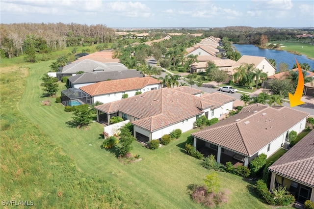 drone / aerial view featuring a water view