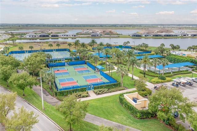 birds eye view of property featuring a water view