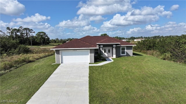 ranch-style house with a garage and a front lawn