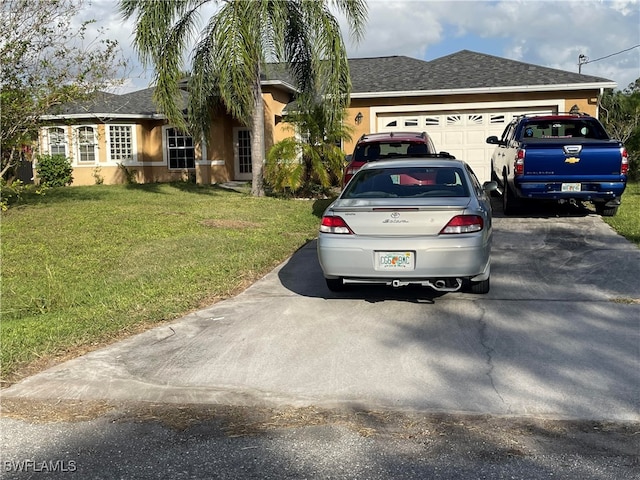 ranch-style house with a front yard and a garage