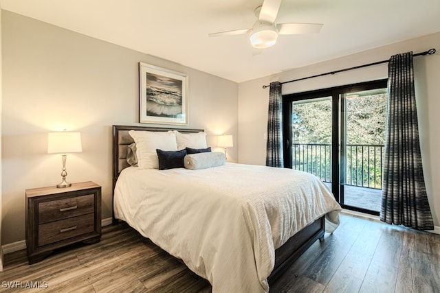 bedroom featuring hardwood / wood-style flooring, ceiling fan, and access to outside