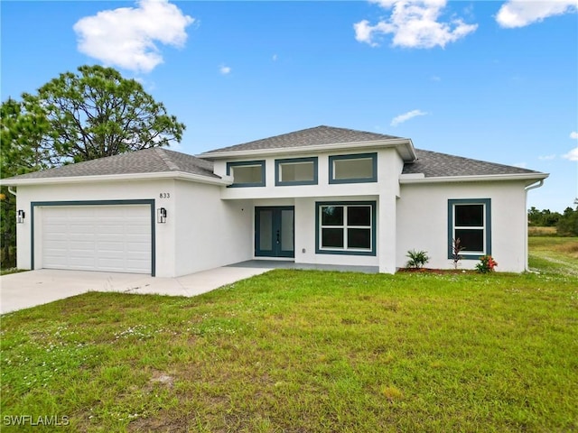 833 Newell St E, Lehigh Acres, FL 33974 - prairie-style home featuring stucco siding, an attached garage, concrete driveway, french doors, and a front lawn