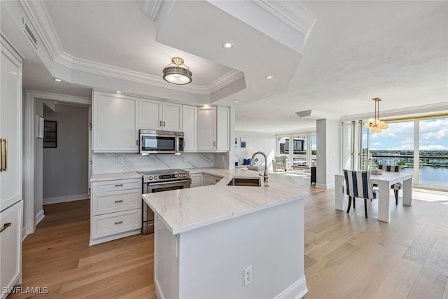 4031 Gulf Shore Blvd N Unit 95, Naples, FL 34103 - kitchen with appliances with stainless steel finishes, a sink, a raised ceiling, a peninsula, and healthy amount of natural light