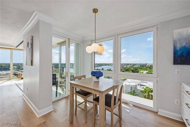 dining area with light wood-type flooring and crown molding