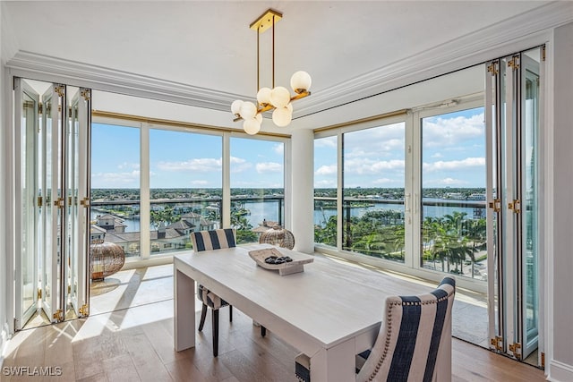 dining space with light hardwood / wood-style flooring, a water view, ornamental molding, and an inviting chandelier