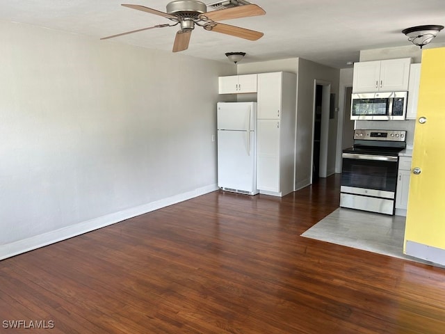 kitchen featuring ceiling fan, stainless steel appliances, dark hardwood / wood-style flooring, and white cabinets