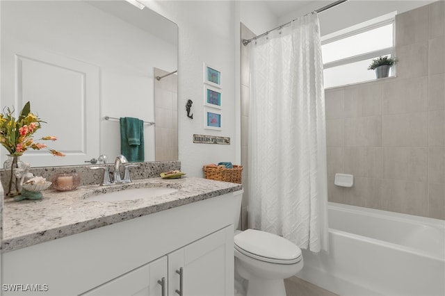 full bathroom with vanity, toilet, and shower / bathtub combination with curtain