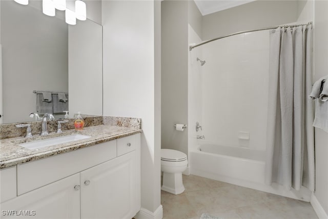 full bathroom with tile patterned flooring, vanity, toilet, and shower / bathtub combination with curtain