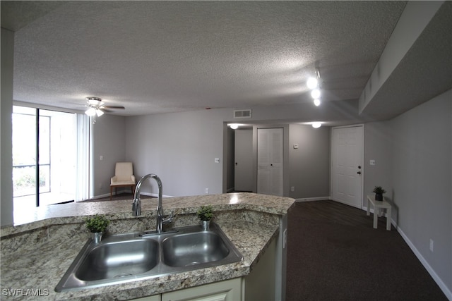 kitchen featuring a textured ceiling, carpet floors, sink, and ceiling fan