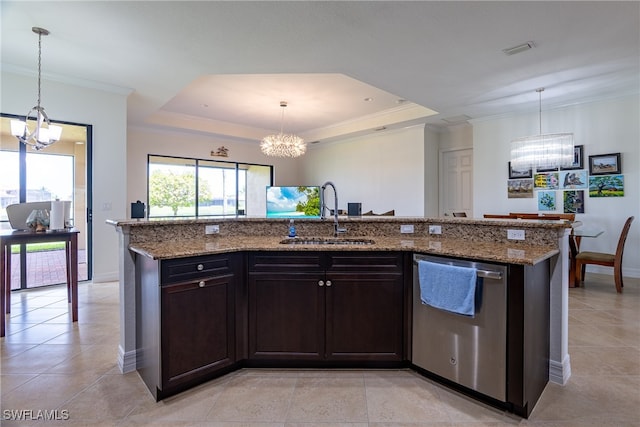 kitchen with a notable chandelier, dishwasher, dark brown cabinetry, and sink