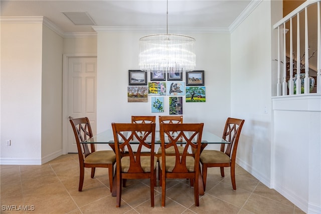 dining area with ornamental molding, a notable chandelier, and light tile patterned floors