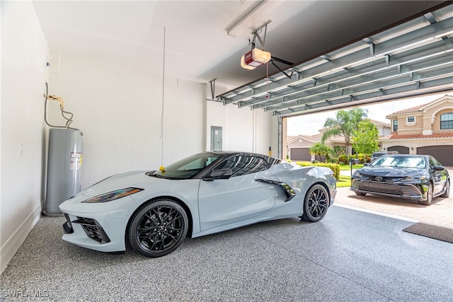 garage with water heater, electric panel, and a garage door opener