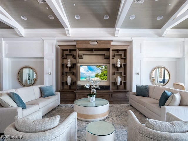 living room featuring beam ceiling and wood-type flooring