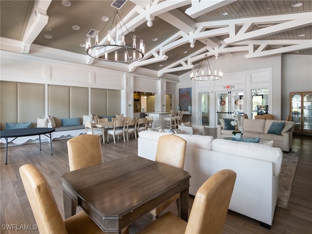 dining area featuring wooden ceiling, beamed ceiling, high vaulted ceiling, and dark hardwood / wood-style flooring