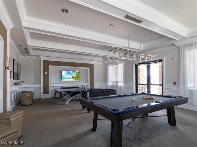 recreation room featuring french doors, ornamental molding, carpet floors, and pool table