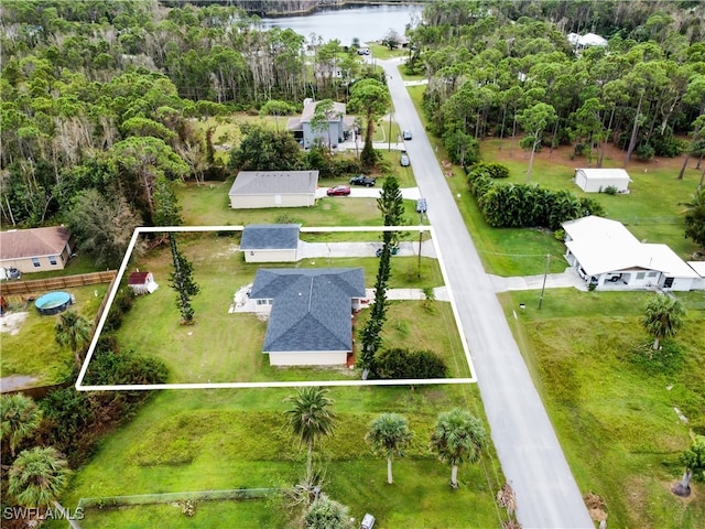 drone / aerial view featuring a water view