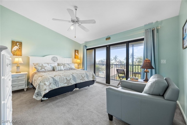 carpeted bedroom featuring ceiling fan, access to outside, and vaulted ceiling