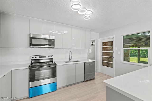 kitchen with tasteful backsplash, sink, a textured ceiling, light hardwood / wood-style floors, and stainless steel appliances