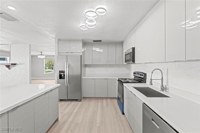 kitchen featuring appliances with stainless steel finishes, sink, a textured ceiling, light hardwood / wood-style floors, and white cabinets