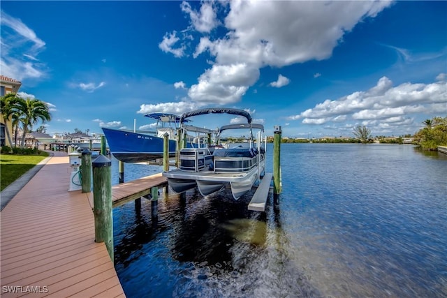 dock area featuring boat lift and a water view