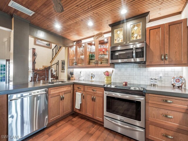 kitchen featuring tasteful backsplash, sink, wood ceiling, and stainless steel appliances